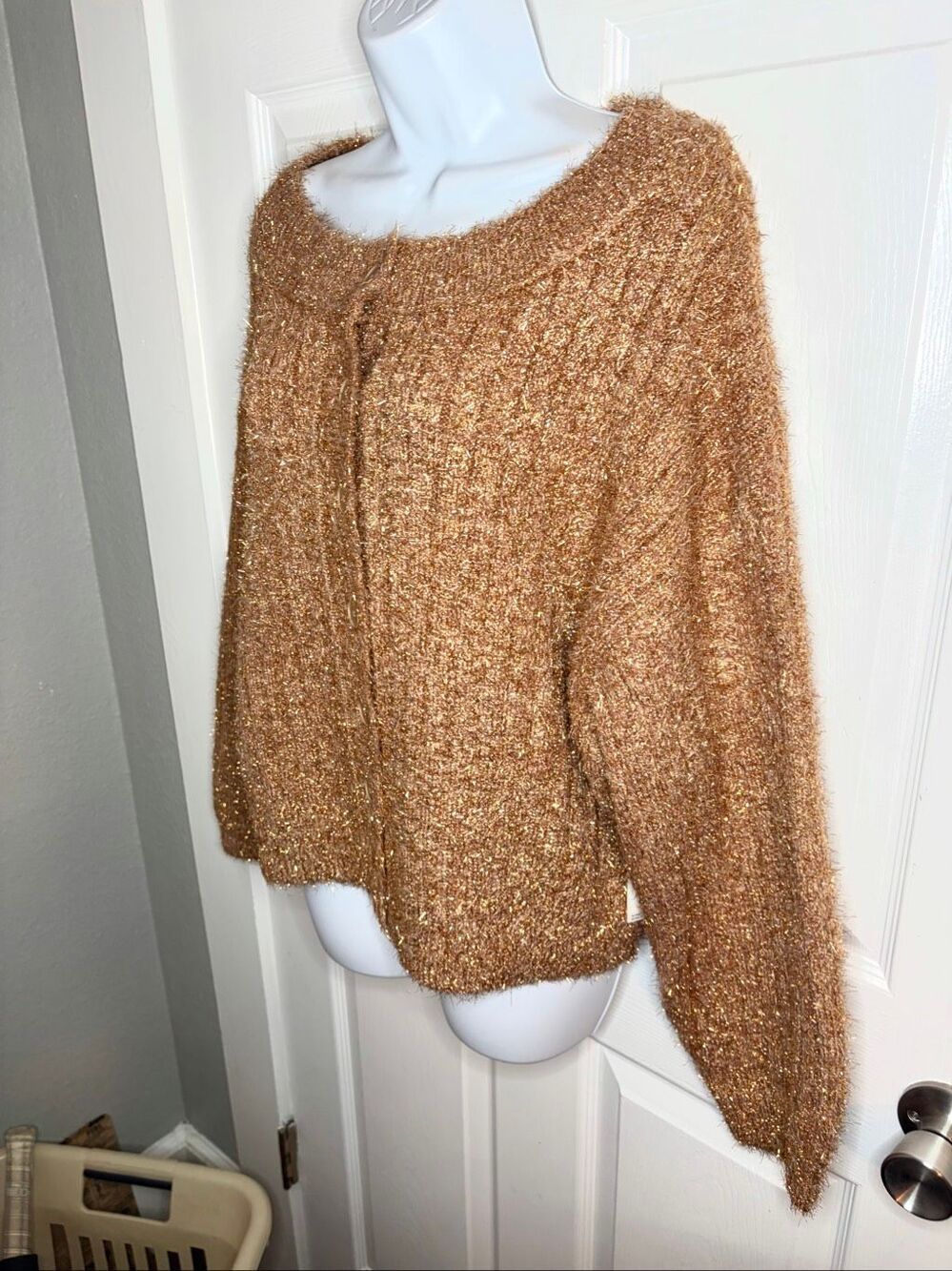 Anthropologie Boat-Neck Tinsel Cardigan Sparkly Sweater Mink Blush M NWT - Picture 12 of 16
